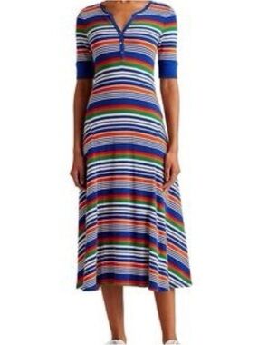 Lauren Ralph Lauren Womens XL Ribbed Striped V-Neck Henley Dress Cotton Preppy